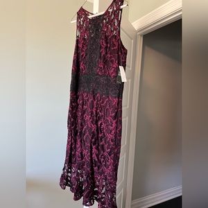 Burgundy and black lace dress.